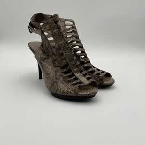 WORTHINGTON Sz 9.5M Open toe Stiletto 4" Heels Brown Snakeskin Strappy Shoes#555